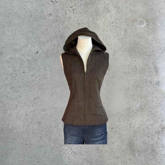 Vintage brown wool blend hooded vest - Picture 1 of 8